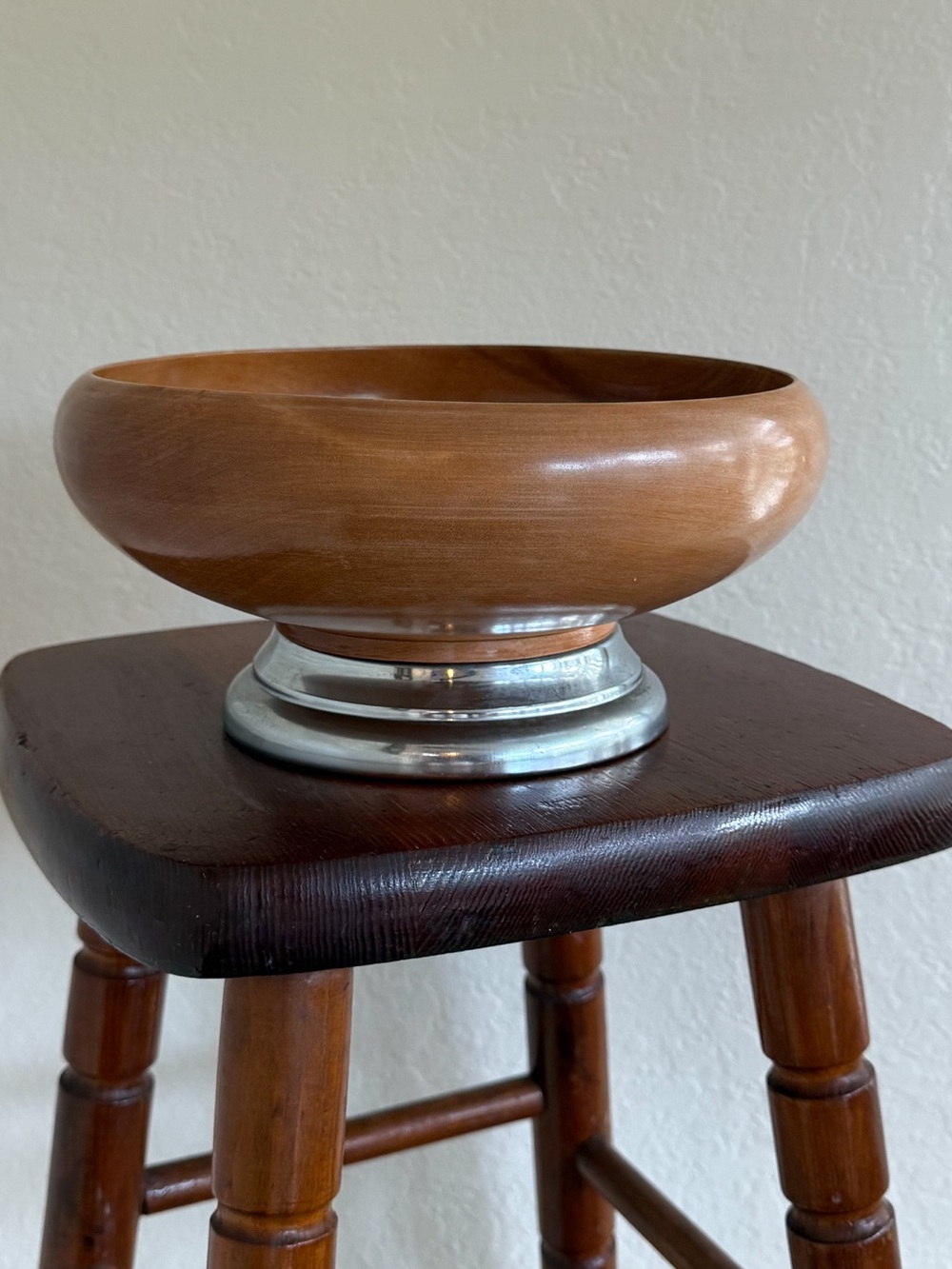 Vintage Mid-Century Modern Hellerware Wood Turned Bowl with Chrome Base